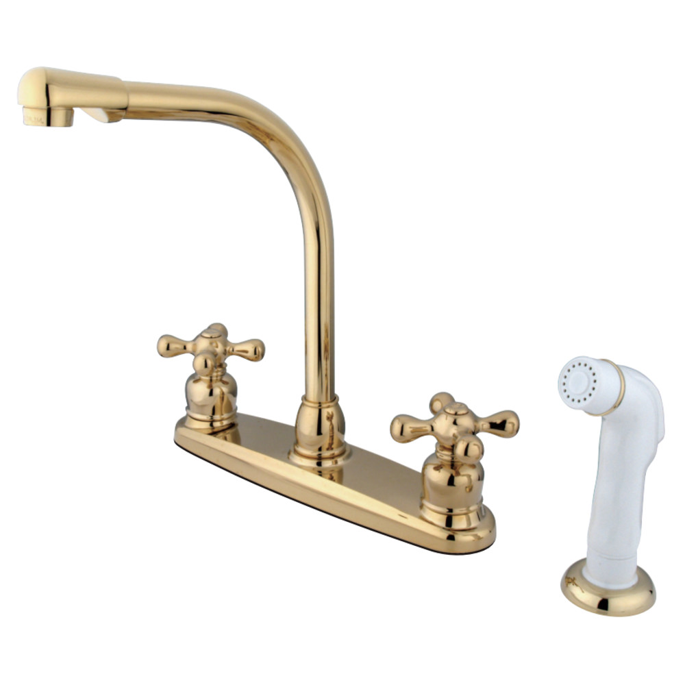 KitchenCuisine Victorian High Arch Kitchen Faucet with White Sprayer - Polished Brass