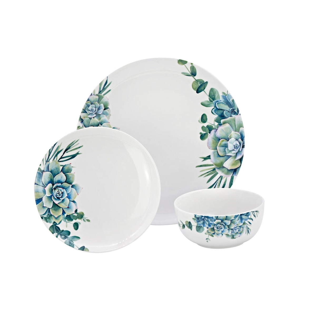 Chef 5 Min Meals Succulant Porcelain Dinnerware Set - White&#44; Blue&#44; & Green - 12 Piece