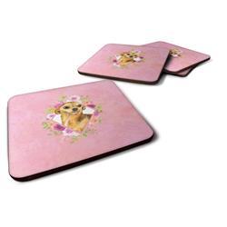 CoolCookware 3.5 x 3.5 in. Chihuahua No.1 Pink Flowers Foam Coaster - Set of 4