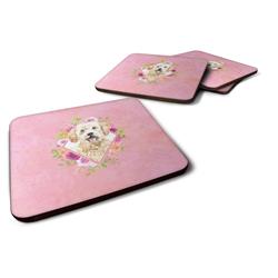 CoolCookware 3.5 x 3.5 in. Goldendoodle Pink Flowers Foam Coaster - Set of 4