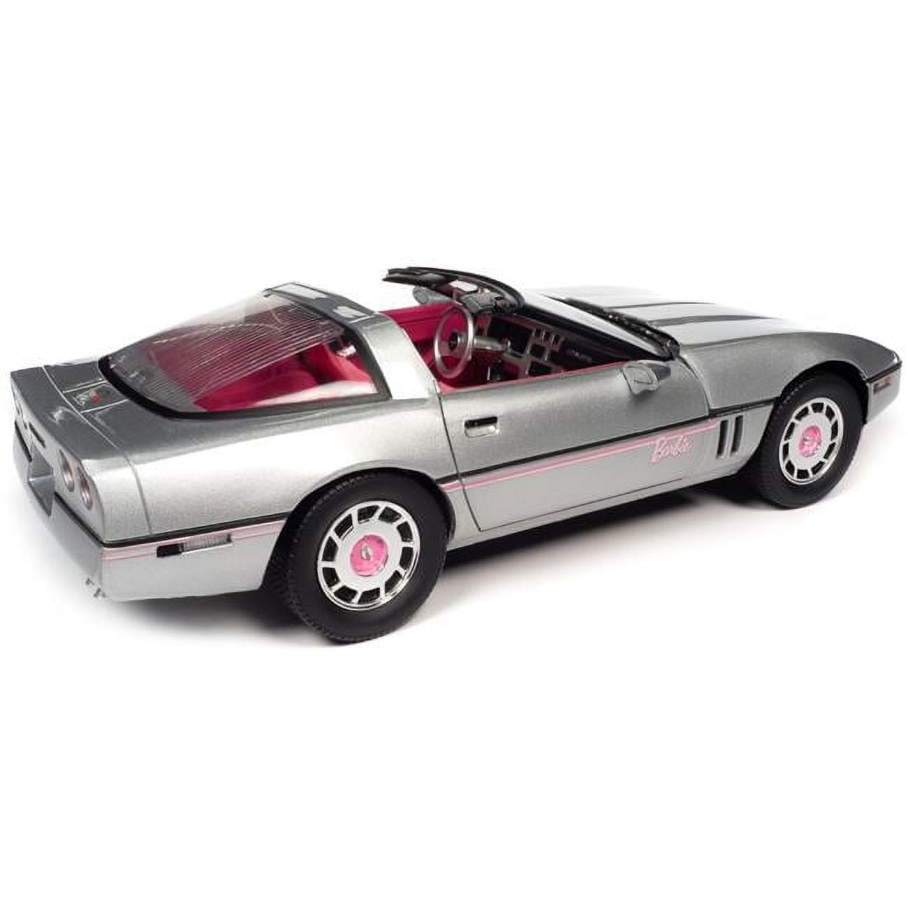 Grizzly Fitness 1 to 18 Scale 1986 Chevrolet Corvette Convertible Silver Metallic with Pink Interior Barbie Silver Screen Machines Diecast Model
