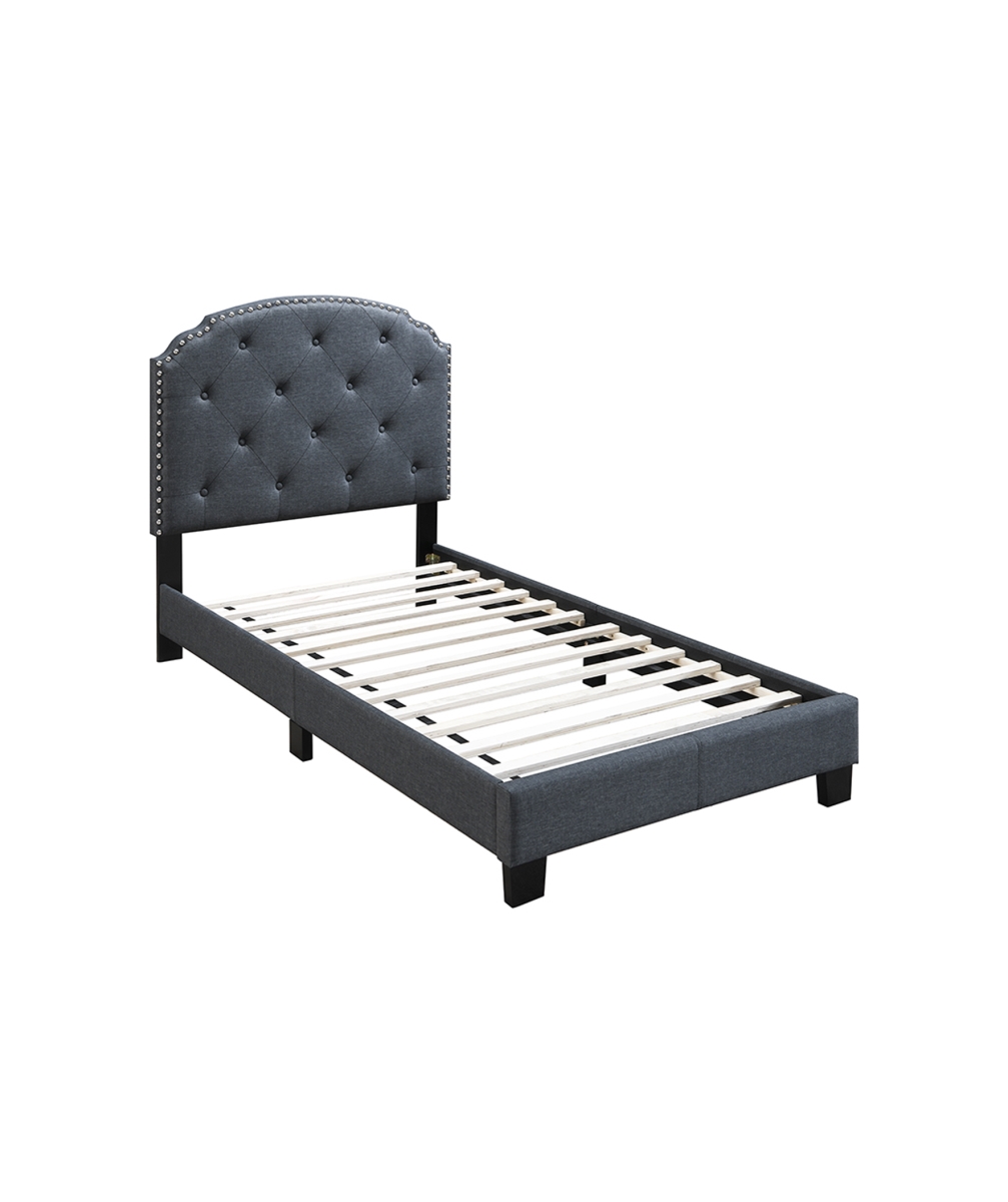 KD Upholstered Bed Frame with Slats in Charcoal Burlap Fabric
