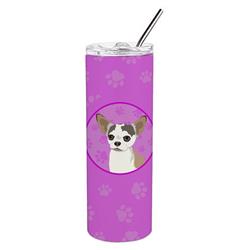CoolCookware 8.25 x 3 in. Unisex Chihuahua Merle Stainless Steel 20 oz Skinny Tumbler&#44; Pink