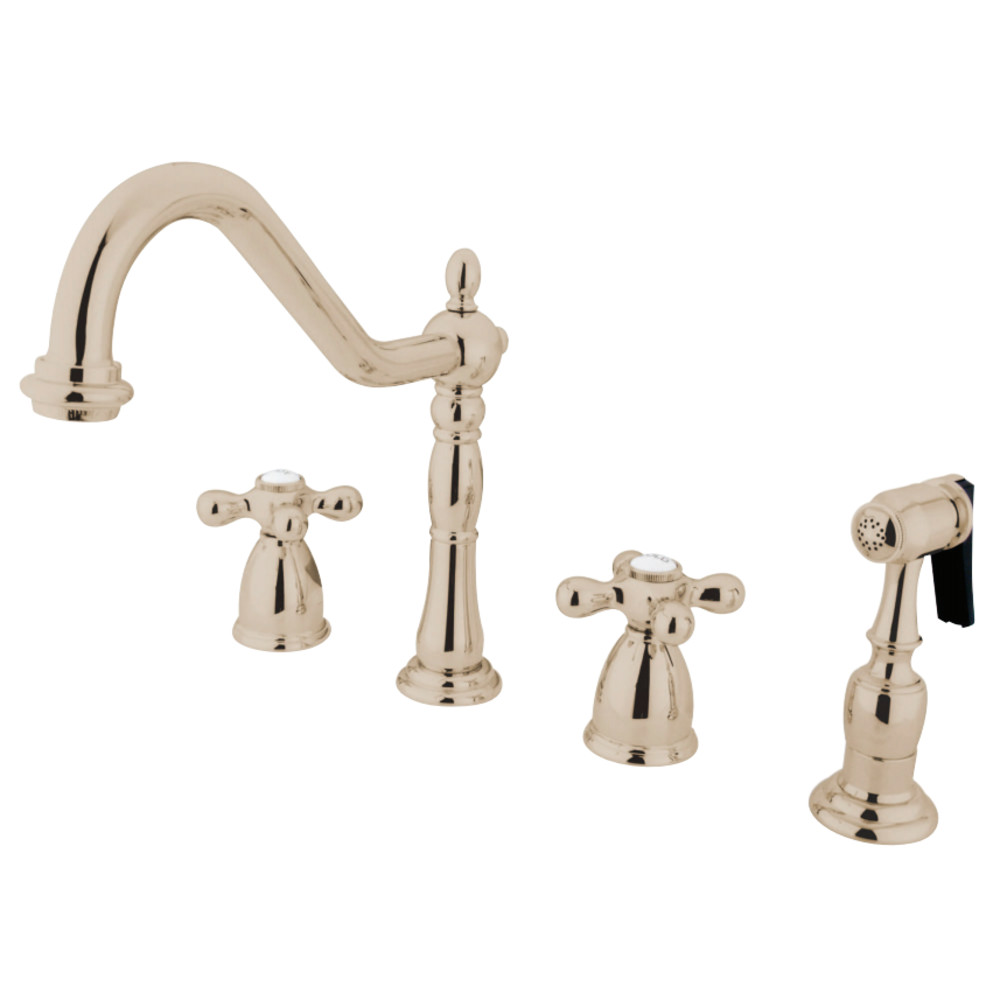 KitchenCuisine Heritage Widespread Kitchen Faucet with Metal Cross Handle & Brass Sprayer - Polished Nickel