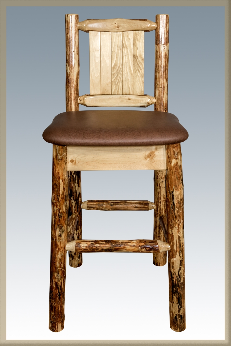 D2D Technologies Glacier Country Barstool with Back - Saddle Upholstery with Laser Engraved Elk Design