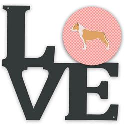 ComfortCreator 11.5 x 11.75 in. Staffordshire Bull Terrier Checkerboard Pink Metal Artwork Love Wall Decor