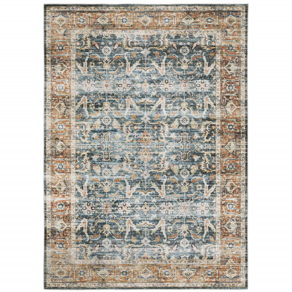 PalaceDesigns 5 x 7 ft. Blue Rust Gold & Olive Oriental Printed Stain Resistant Non Skid Rectangle Area Rug - Blue and Beige