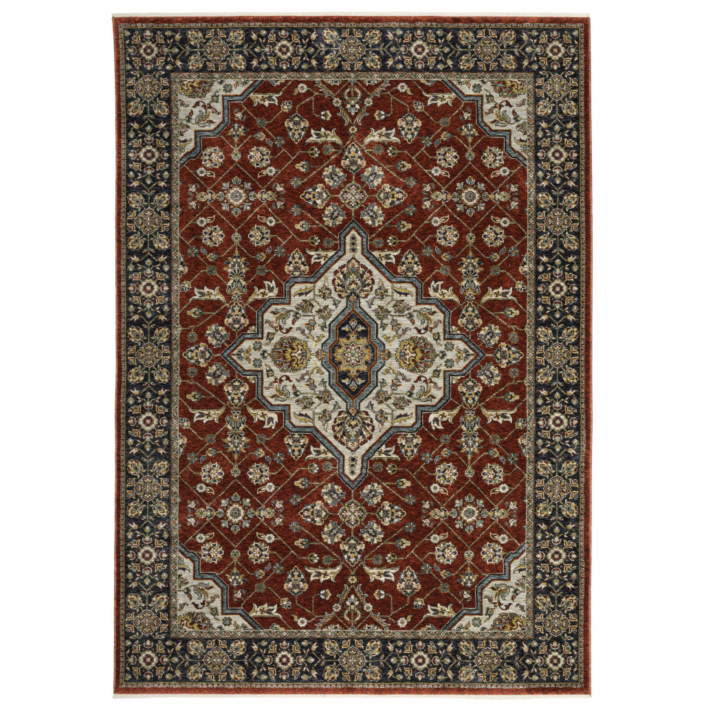 PalaceDesigns 2 x 3 ft. Red Ivory Blue Navy Gold & Gray Oriental Power Loom Stain Resistant Rectangle Area Rug with Fringe