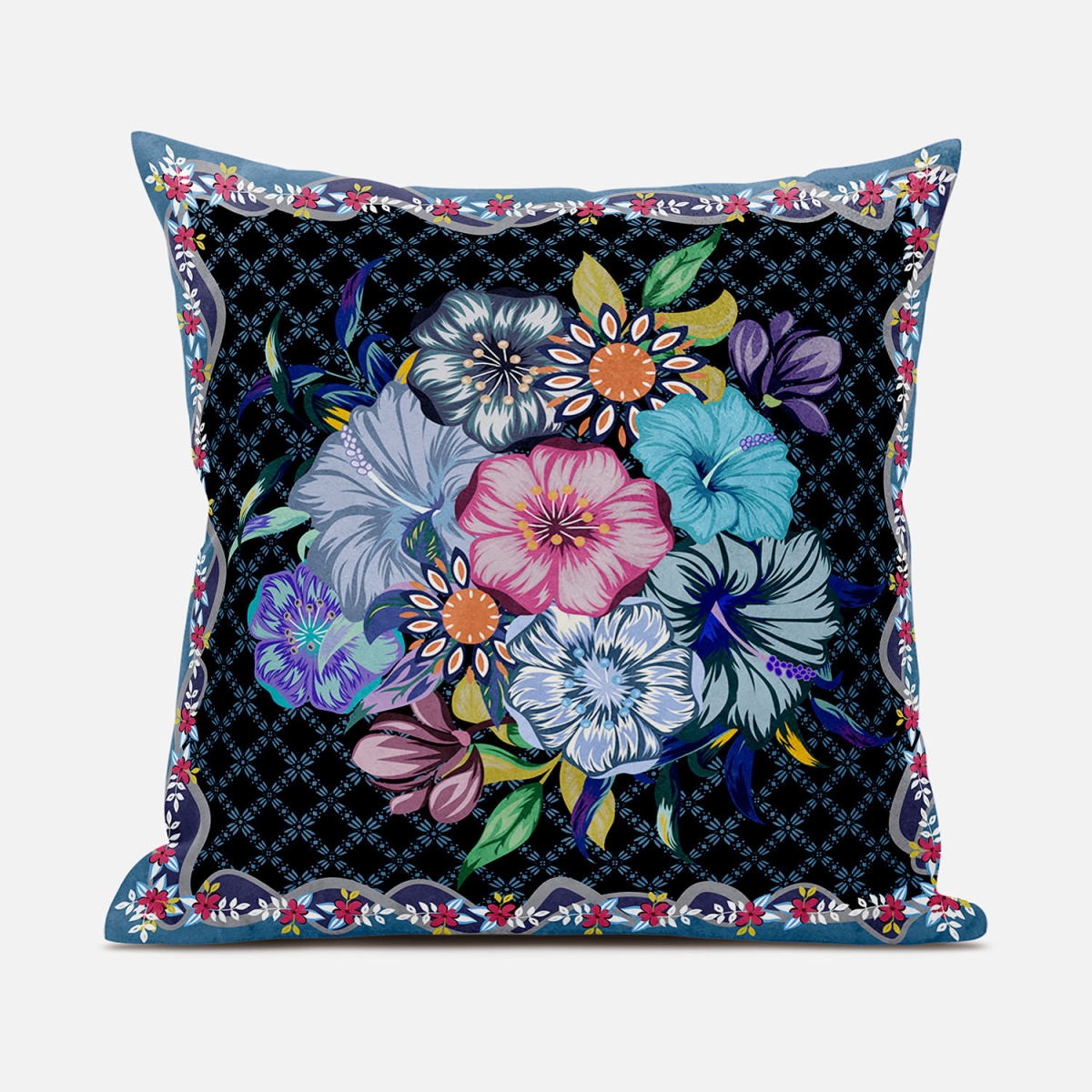 PalaceDesigns 20 x 20 in. Blown Seam Broad Cloth Floral Throw Pillow&#44; Black & Blue