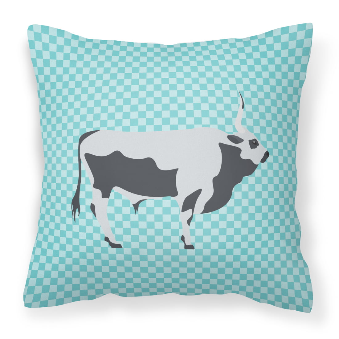 JensenDistributionServices Hungarian Grey Steppe Cow Blue Check Fabric Decorative Pillow - 14 x 14 in.