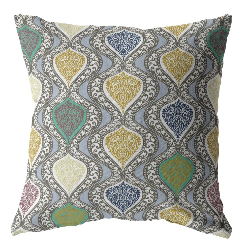 PalaceDesigns 18 in. Ogee Indoor & Outdoor Zippered Throw Pillow&#44; Gold&#44; Green & Gray