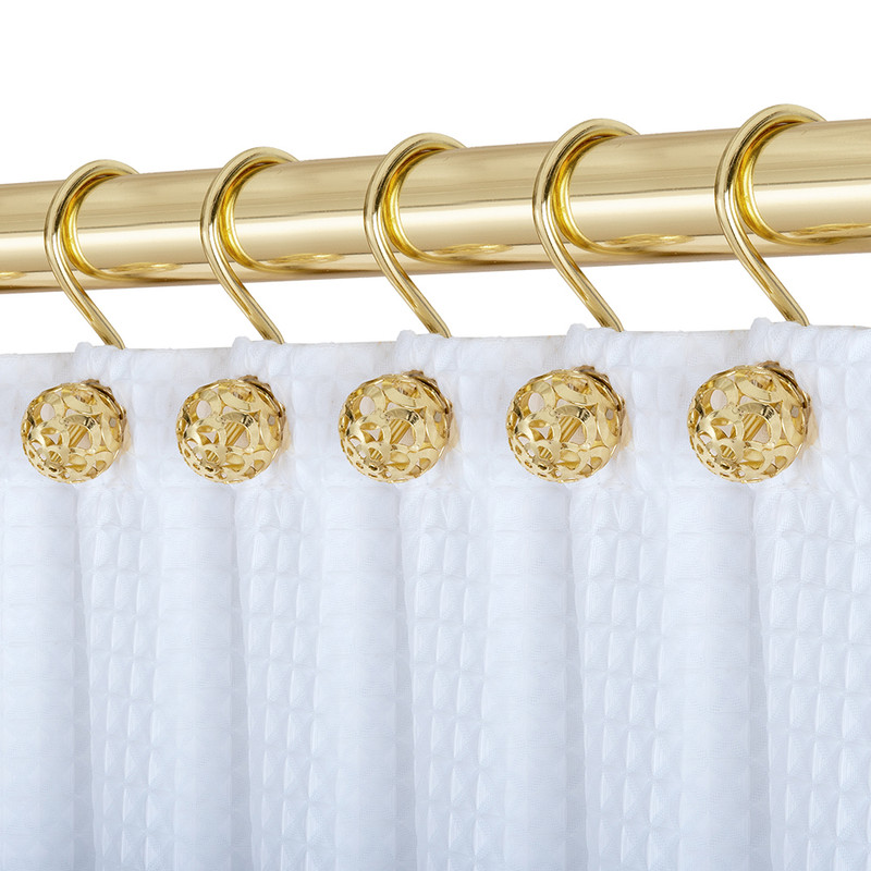 FurnOrama 2.0 x 2.8 in. Rust Resistant Shower Curtain Hollow Ball Shower Curtain Hooks Rings for Bathroom&#44; Gold - Set of 12