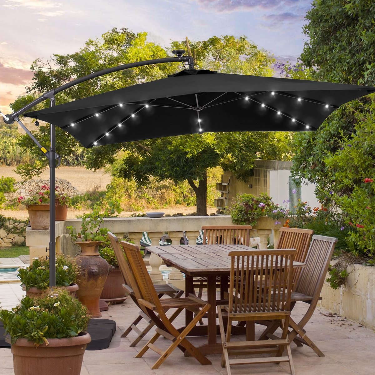 CAMA 8.2 ft. x 8.2 ft. Patio Offset Cantilever Umbrella With LED Lights&#44; Rectangular Canopy&#44; Steel Pole and Ribs in Black