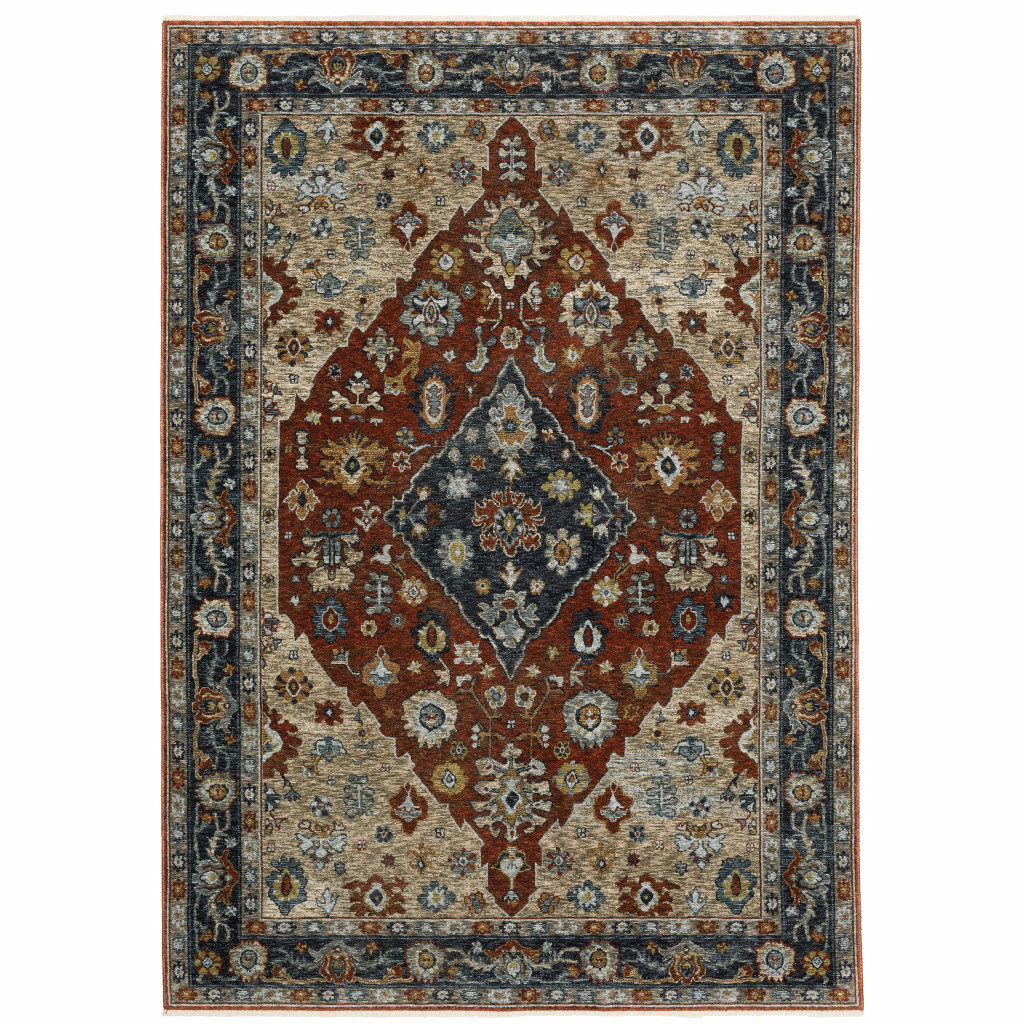 PalaceDesigns 8 x 11 ft. Blue Beige Tan Brown Gold & Rust Red Oriental Power Loom Stain Resistant Rectangle Area Rug with Fringe