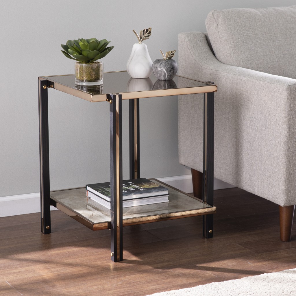 Gfancy Fixtures 24 in. Glass & Iron Square Mirrored End Table with Shelf&#44; Champagne