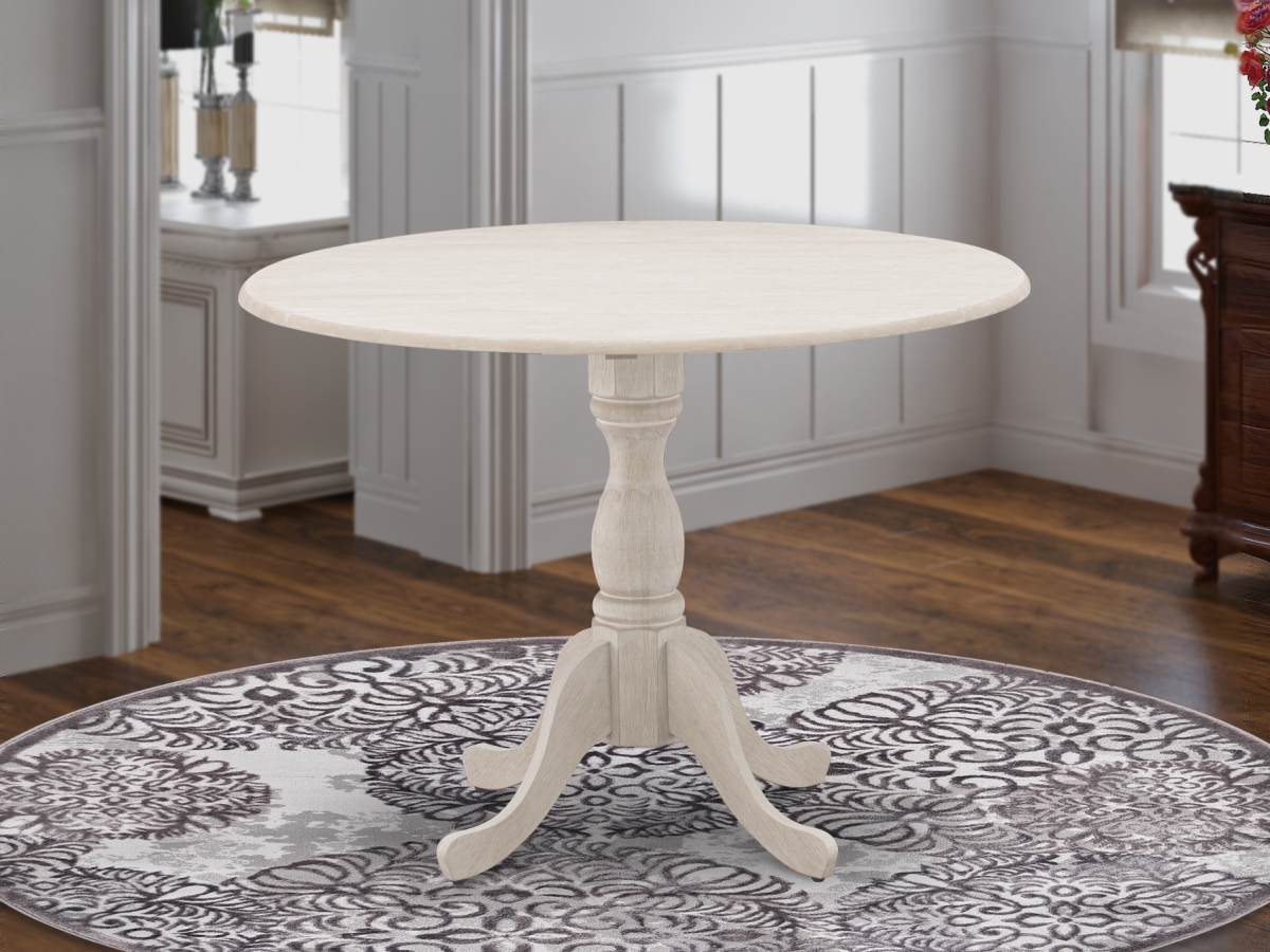 GSI Homestyles Dublin Round Small Table with Linen White Drops Leave Table Top Surface & Asian Wood Pedestal Legs