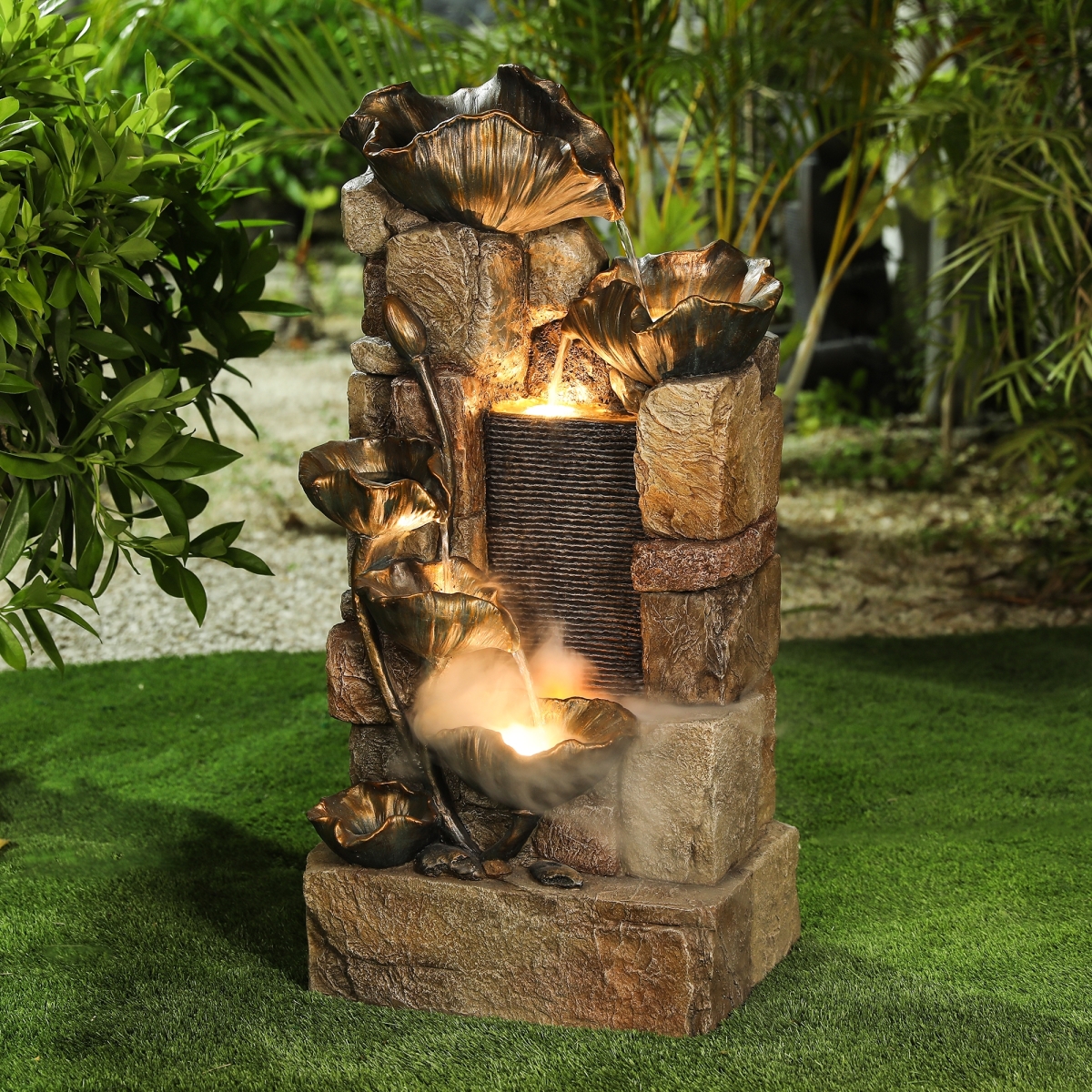 Greengrass LuxenHome Resin Hibiscus Flowers Outdoor Fountain With LED Light