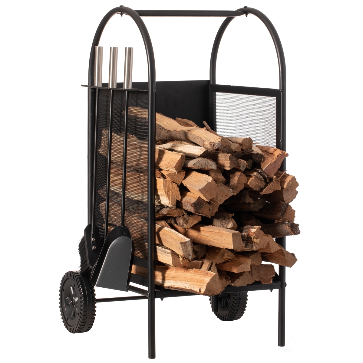 Invernaculo Indoor and Outdoor Patio Iron Firewood Log Cart with Wheels and Fireplace Tool Set&#44; Black