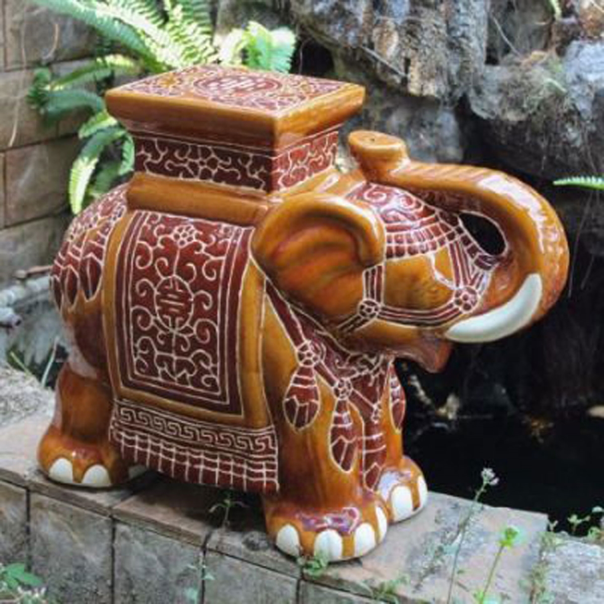 FixturesFirst Porcelain Elephant Stool&#44; Falling Brown - Large