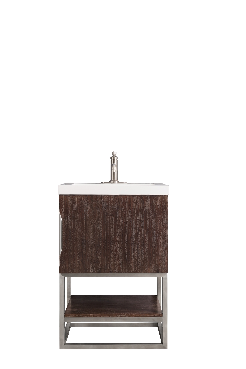 LRL 24 in. Columbia Single Vanity Cabinet with White Glossy Resin Countertop&#44; Coffee Oak & Brushed Nickel