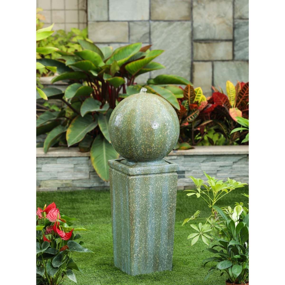 SplashofFlash Luxen Home Stone and Patina Finish Sphere on Pillar 34.5in. H Fountain