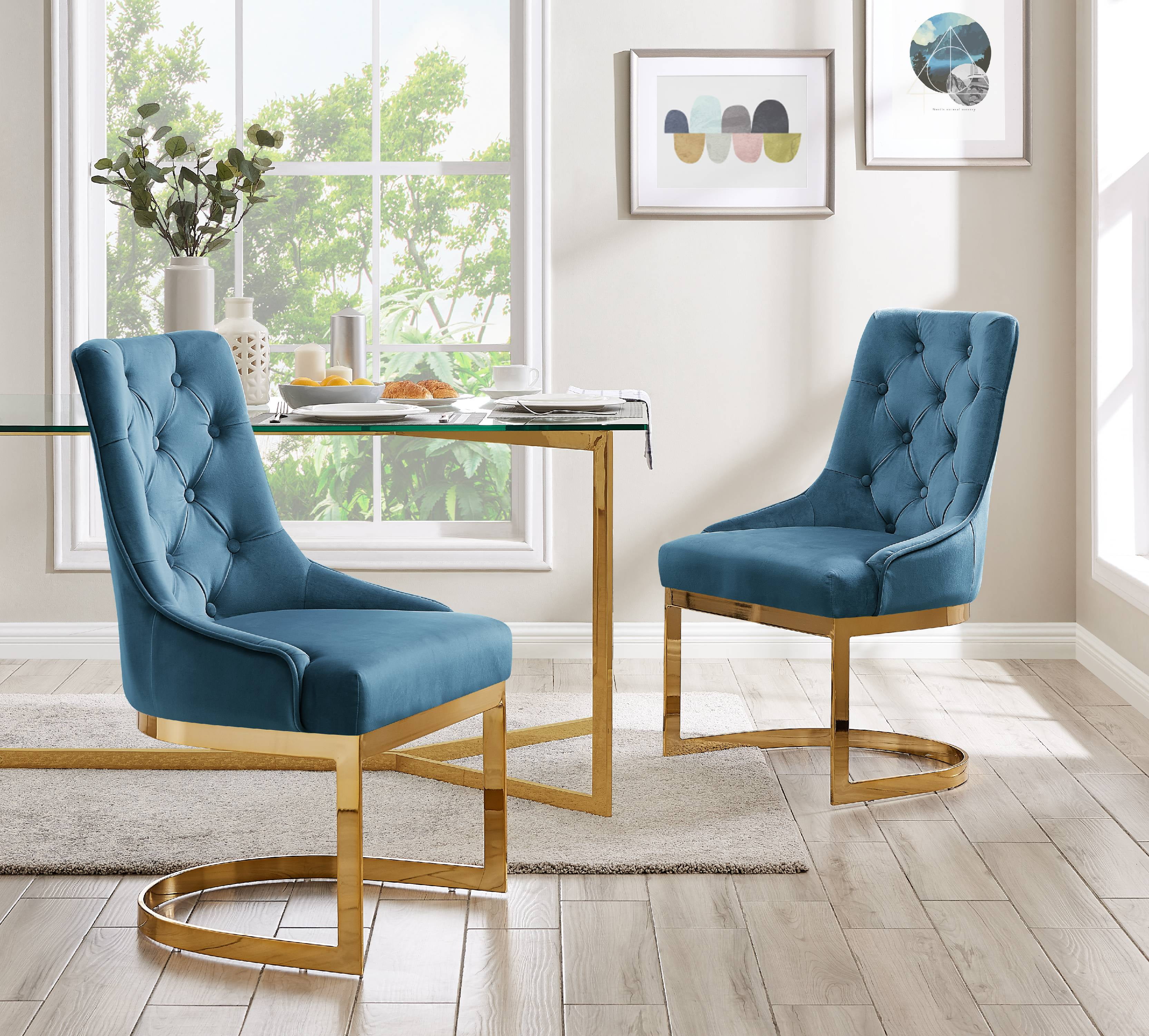 FixturesFirst Greta Dining Side Accent Chair with Button Tufted Velvet Upholstery Half-Moon Gold Plated Solid Metal U-Shaped Base Modern Conte