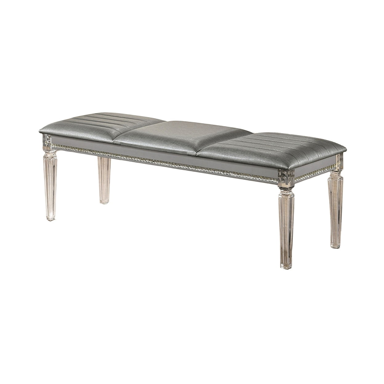 DeluxDesigns 54 in. Sam Clear Acrylic Legs & Crystal Accents Modern Upholstered Bench&#44; Silver