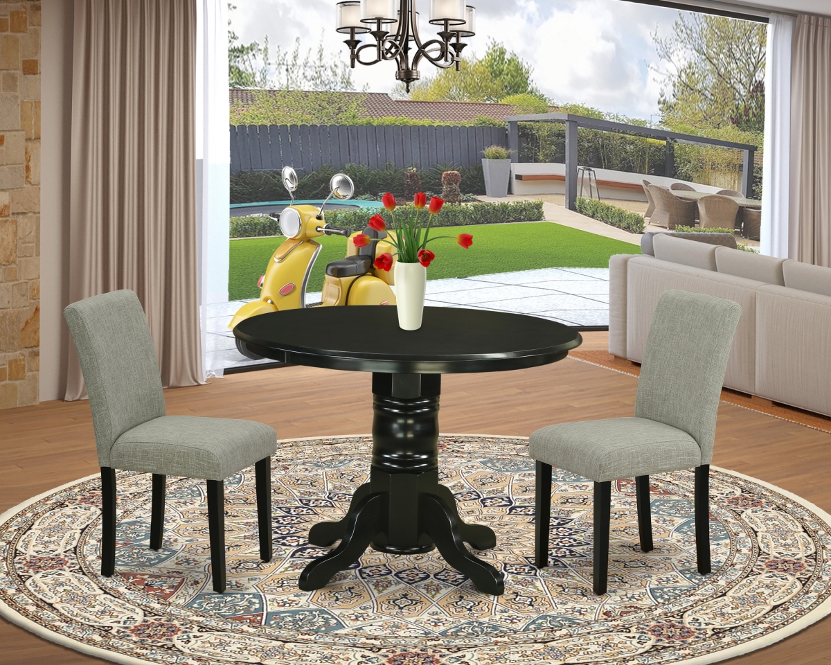 GSI Homestyles 42 in. Shelton Round Dining Room Table & Two Parson Chair with Black Leg & Linen Fabric - Shitake&#44; 3 Piece