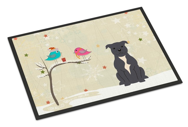 JensenDistributionServices Christmas Presents Between Friends Staffordshire Bull Terrier Blue Indoor or Outdoor Mat - 18 x 0.25 x 27 in.
