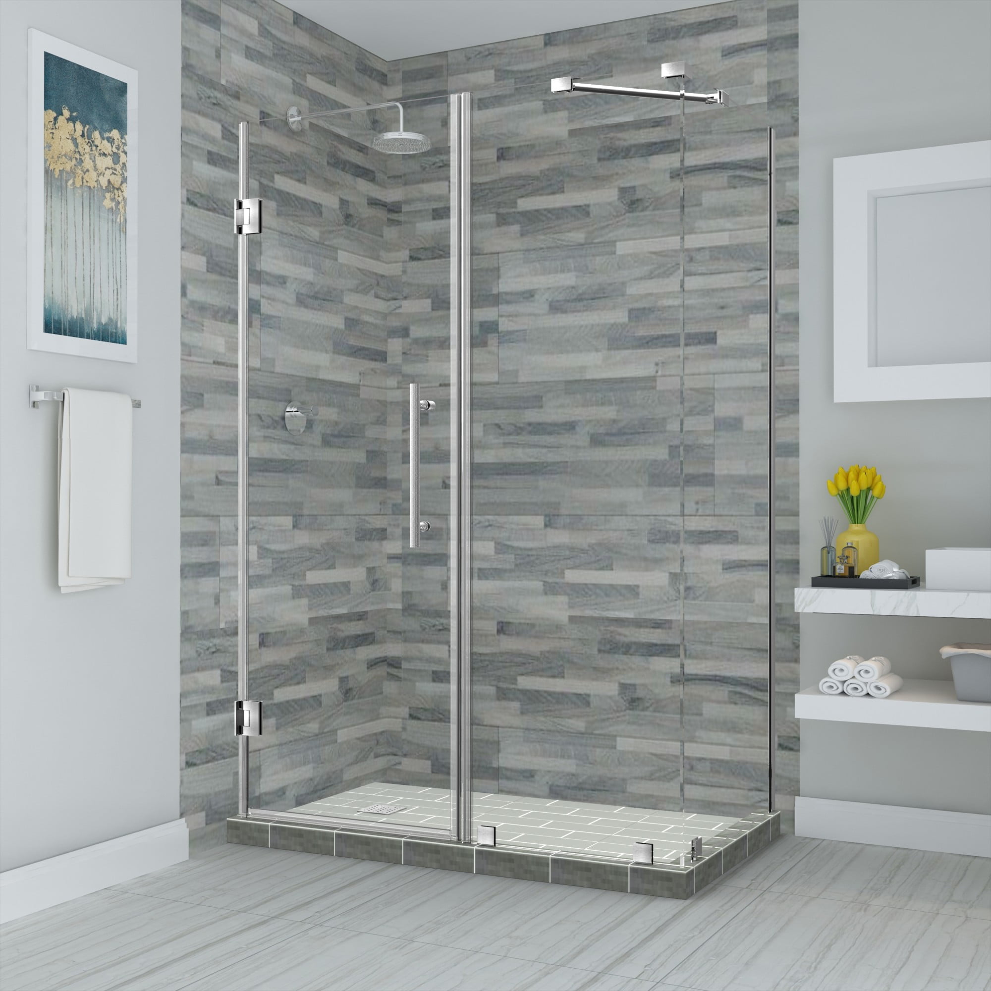 TEMPLETON 72 x 54.25-55.25 x 32.375 in. Bromley Frameless Corner Hinged Shower Enclosure - Stainless Steel