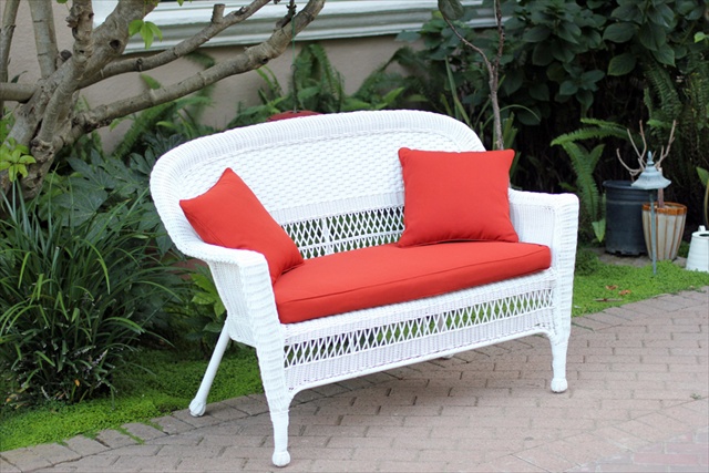 ProPation White Wicker Patio Love Seat With Red Orange Cushion And Pillows