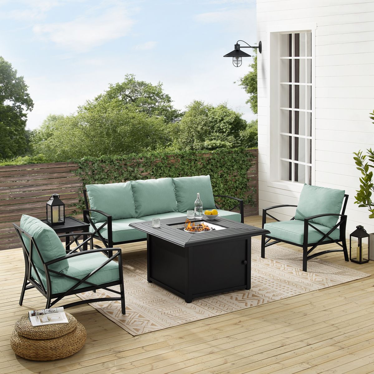 Claustro Outdoor Sofa Set with Fire Table&#44; Mist & Oil Rubbed Bronze - Sofa&#44; Dante Fire Table - Side Table & 2 Arm Chairs - 5 Piec
