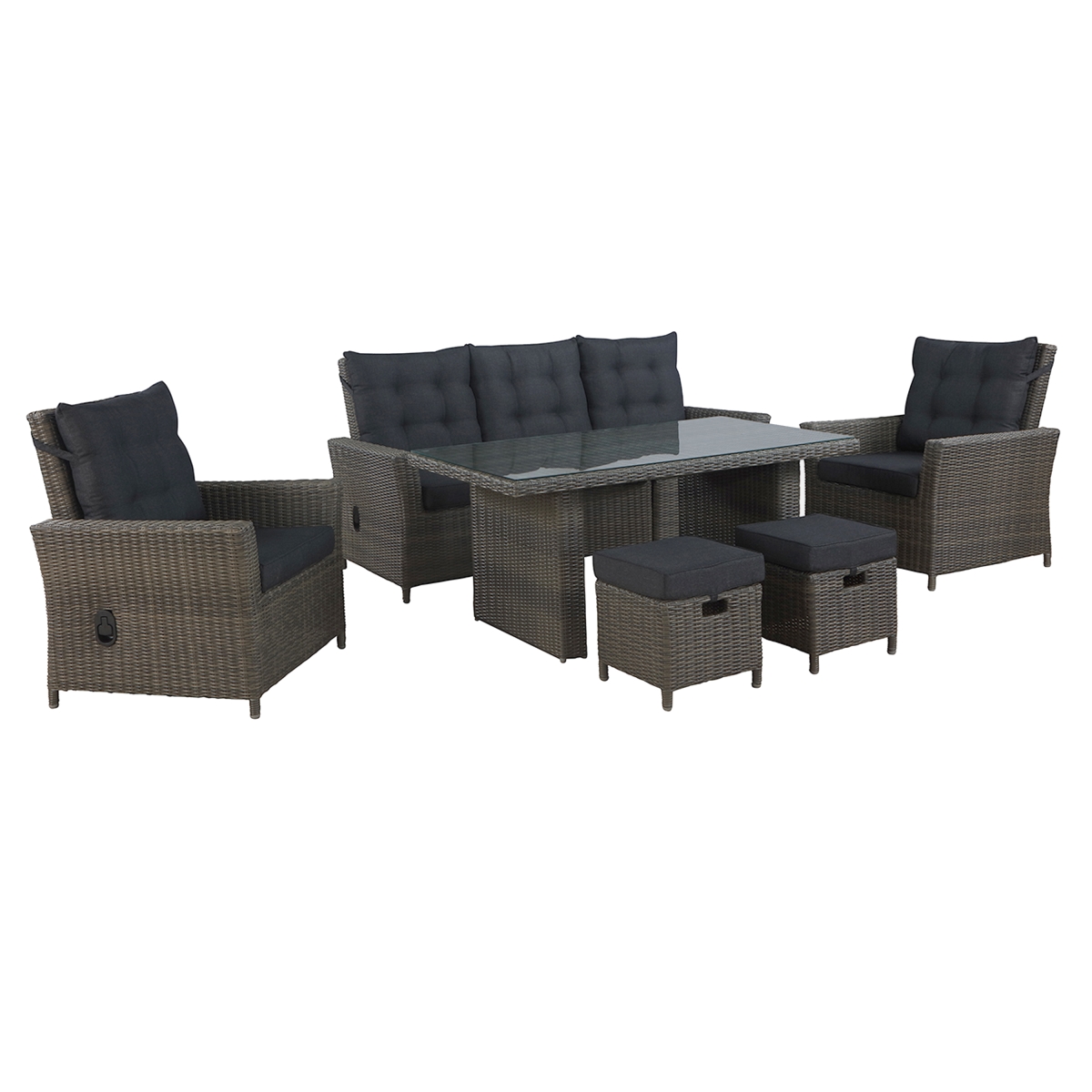 Guarderia 26 in. Asti All-Weather Wicker Outdoor Seating Set with Reclining Sofa&#44; Two Reclining Chairs with Two Ottomans & Cocktail Ta