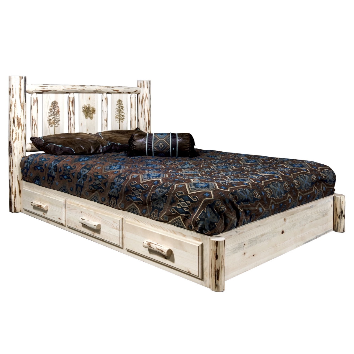 D2D Technologies Montana Platform Bed with Storage&#44; Twin with Laser Engraved Pine Design&#44; Clear Lacquer