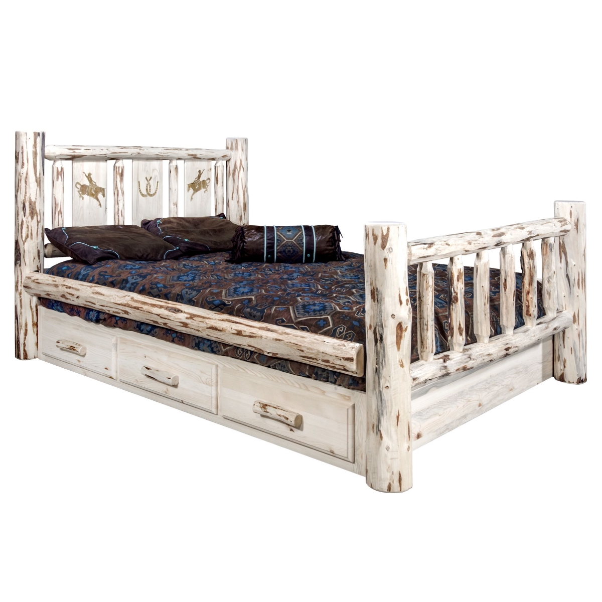 D2D Technologies Montana California King Storage Bed with Laser Engraved Bronc Design&#44; Clear Lacquer