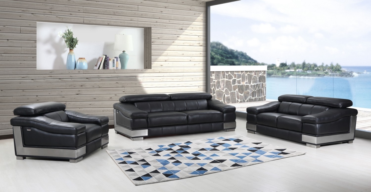 KD Estanteria Modern Leather Sofa Set&#44; Black - 117 in.
