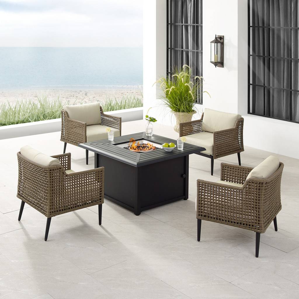 Claustro Southwick Outdoor Wicker Conversation Set with Fire Table&#44; Dante Fire Table & 4 Armchairs&#44; Creme & Light Brown - 5 Piece