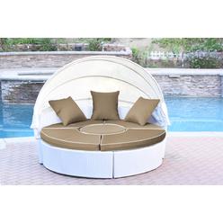 SeatSolutions All-Weather White Wicker Sectional Daybed - Tan Cushions