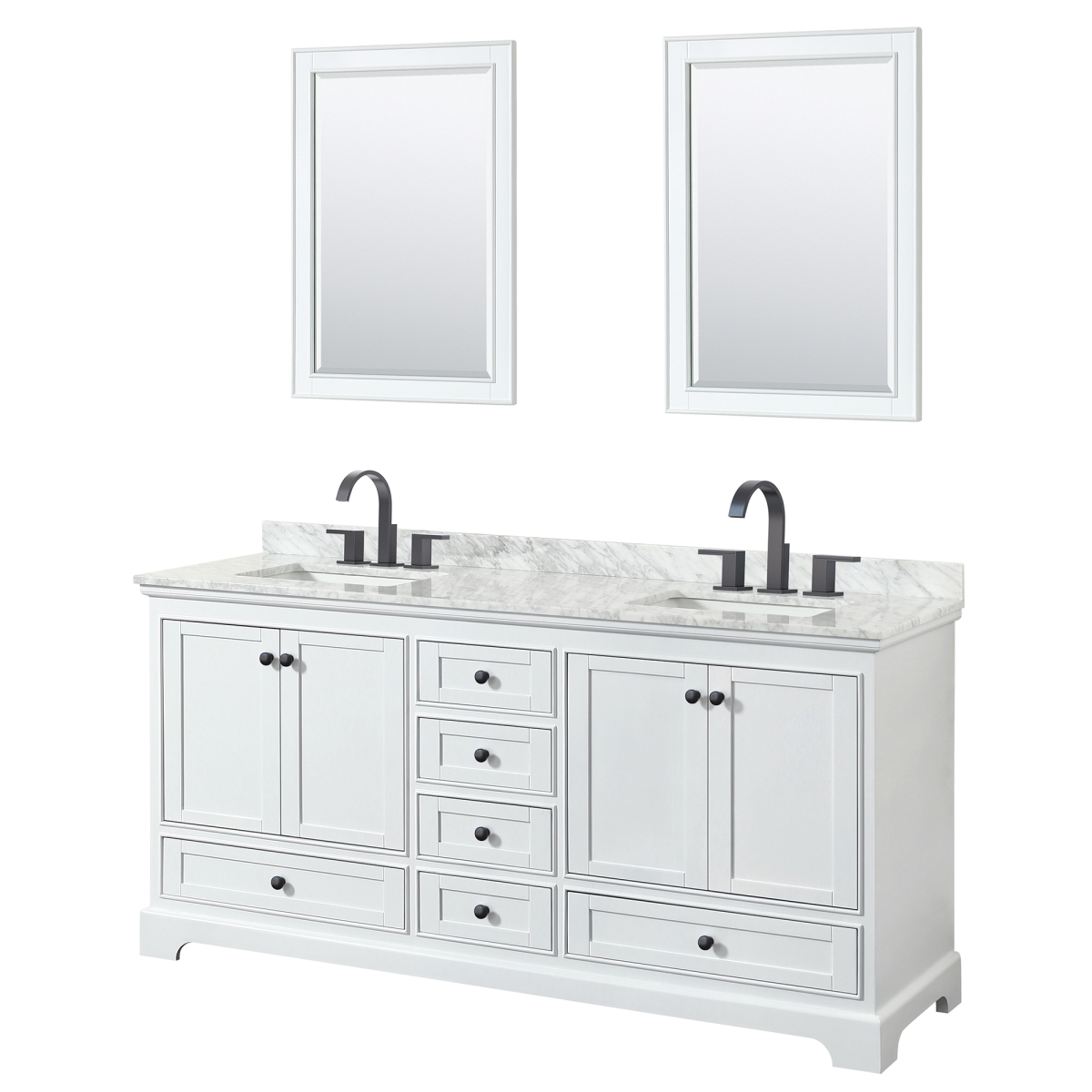 Convenience Concepts 72 in. Deborah White Double Bathroom Vanity with White Carrara Marble Countertop&#44; Undermount Square Sinks & Matte Black Trim