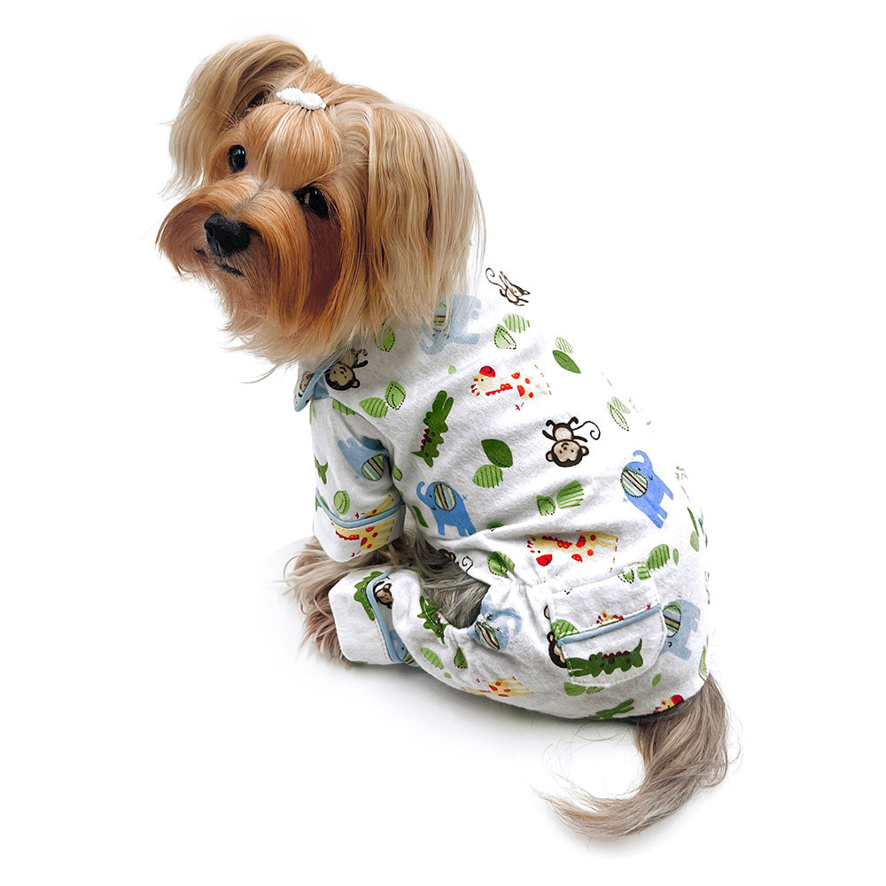 Boostermascota Zoo Animals Flannel Pajamas with 2 Pockets&#44; White & Green - Extra Small