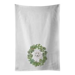 CoolCookware 28 x 19 in. Unisex Samoyed Puppy Christmas Wreath White Dish Towels Kitchen Towel - Set of 2