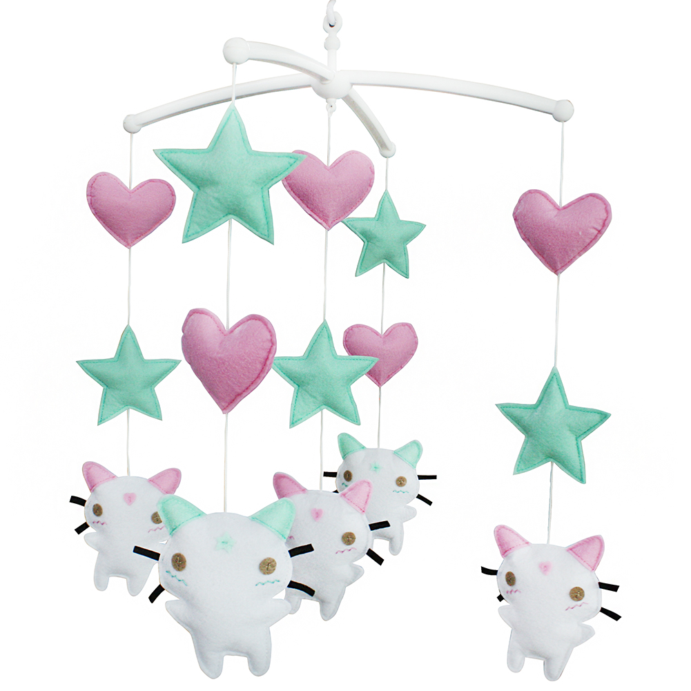 Angelfacehijo Baby Mobile for Crib White Cat Green Star Pink Heart Baby Crib Mobile Nursery Room Decor