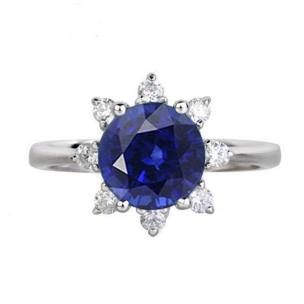 Glitter 3 CT Round Diamond Halo Star Style Blue Sapphire Ring&#44; White Gold - Size 6.5