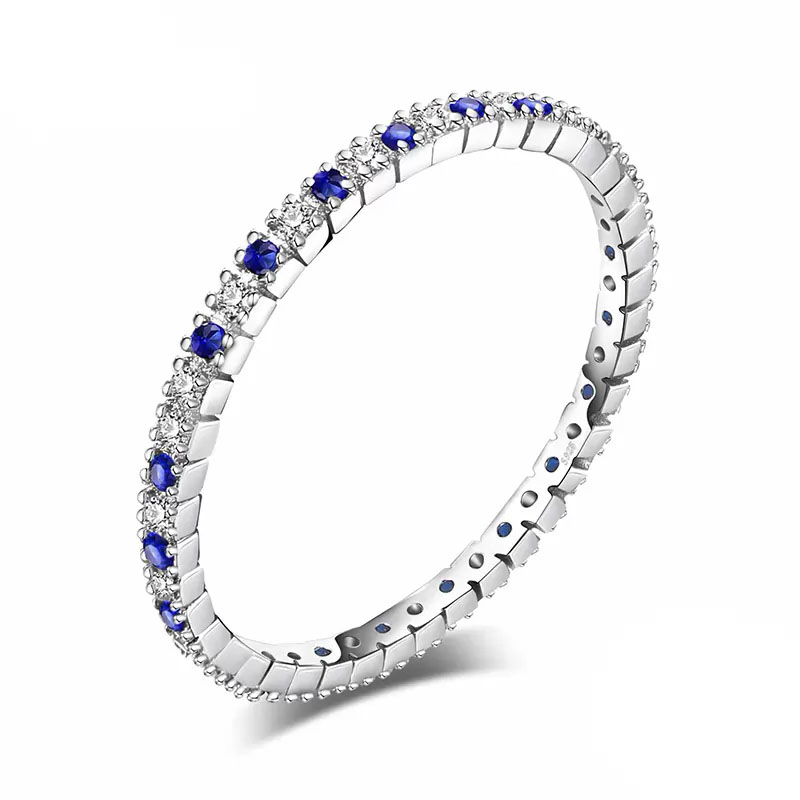 Great Gems 0.1 CTW Round Blue Spinel Full-Eternity Ring in 0.925 White Sterling Silver - Size 7