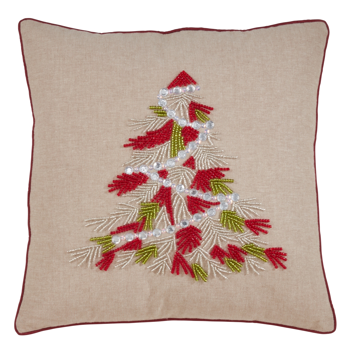 RLM Distribution 18 x 18 in. Down Filled Beaded Christmas Tree Throw Pillow&#44; Rust