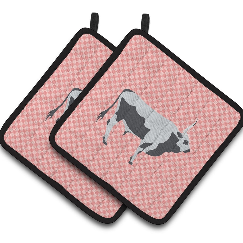 CoolCookware Hungarian Grey Steppe Cow Pink Check Pair of Pot Holders - Pink
