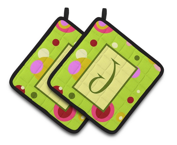 CoolCookware Letter J Monogram - Lime Green Pair of Pot Holders - 7.5 x 3 x 7.5 in.