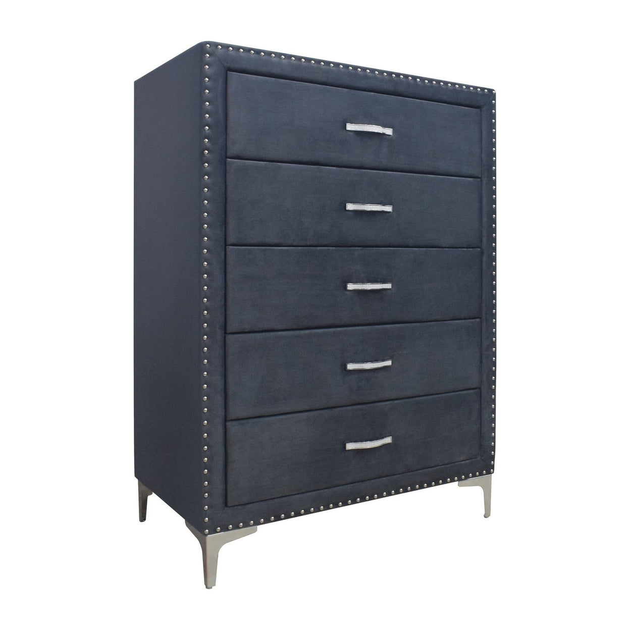 Benjara BM300836 50 in. Moha Tall 5 Drawer Dresser Chest - Glass Top Gray Velvet Upholstered&#44; Blue & Gray