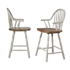 Fine-line 41 x 23.5 x 20 in. Country Grove Windsor Bar &amp; Counter Stool with Arms Distressed Light Gray &amp; Medium Walnut - Set of 2