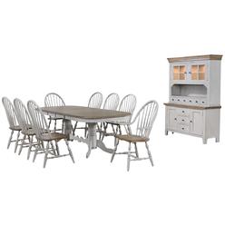 Fine-line Country Grove Double Pedestal Extendable Dining Table Set with 2 Arm Chairs & Lighted China Cabinet&#44; Distressed Gray & Brown